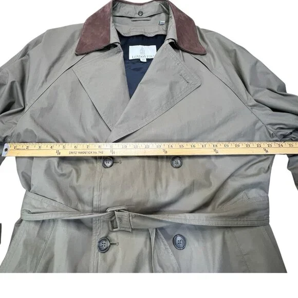 Vintage London Fog Collared Trench Coat Mens With Liner Size 42 Reg Green Brown - Picture 8 of 11